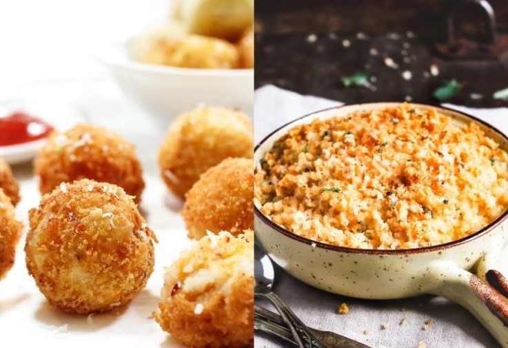 bread crumbs on the outside of round arancini balls and bread crumbs on top of a pasta bake in a skillet all golden brown bread crumbs