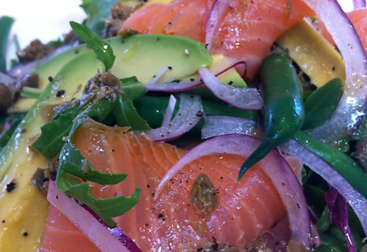 Avocado and Smoked Salmon Salad with Caper Dressing