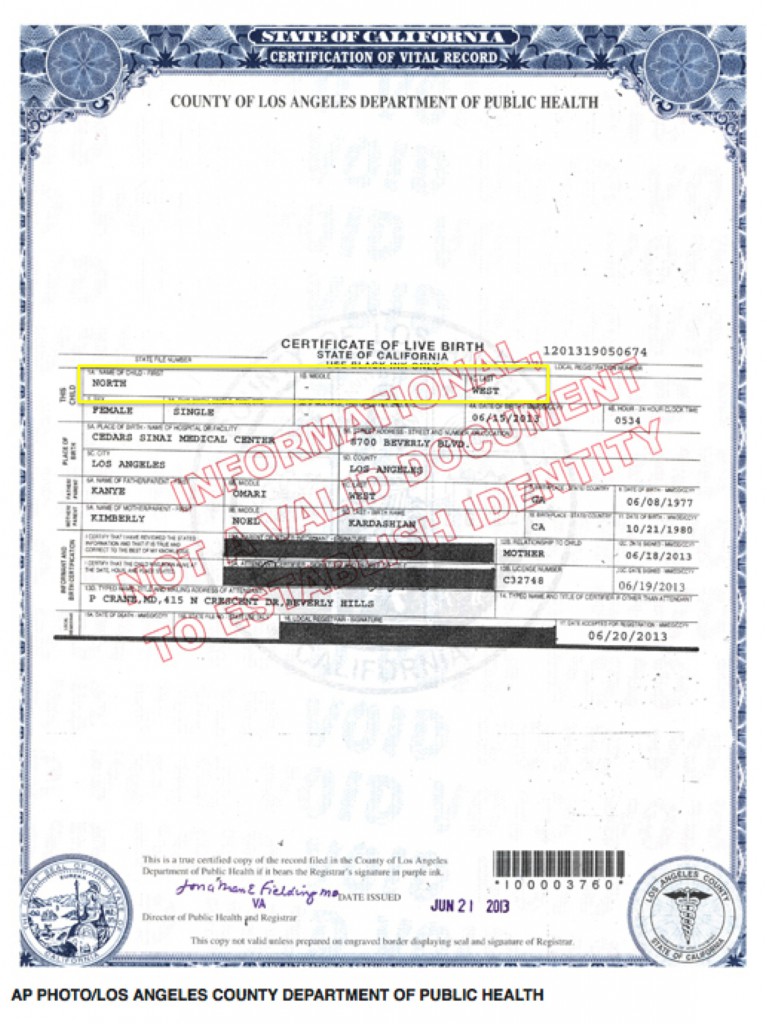 Copy of Kim Kardashian's baby's birth certificate