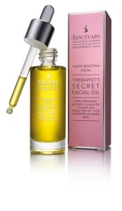 Box and bottle of Sanctuary Spa Therapists Secret Facial Oil