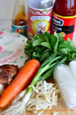A carrot, greens, rice paper and sauce, the essential ingredients for this rice paper rolls recipe.