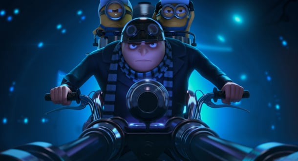 Despicable me character on a motorbike with minions