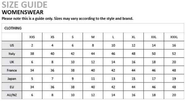 Sizing chart for ozsale clothing
