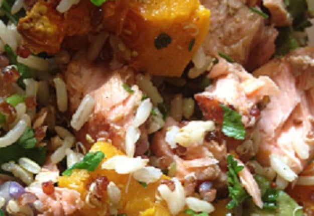 Roast vegetable Quinoa salad with smoked salmon fillets