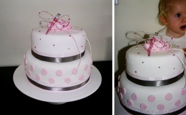Two layered cake with pink polka dots, pink cachous and a swarovski crystal bead dragonfly