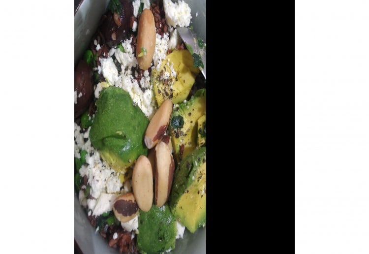 Spinach wild rice salad with feta and brazil nuts