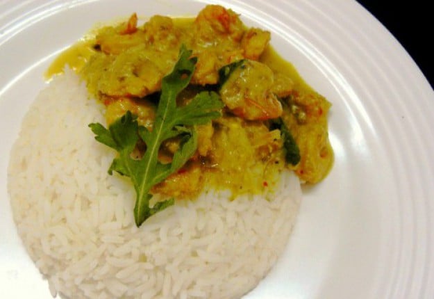 Goan prawn curry with steamed white rice