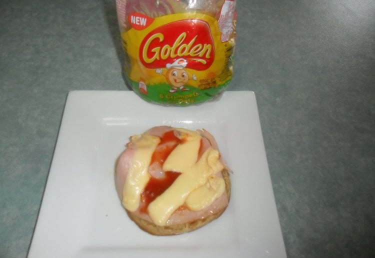 Ham, Cheese & Relish on Golden Crumpet with Oats