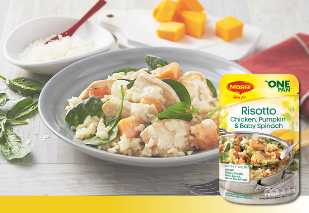 Maggi One Pan Chicken, Pumpkin and Baby Spinach Risotto