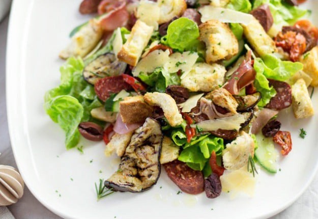 Antipasto salad with torn rosemary croutons