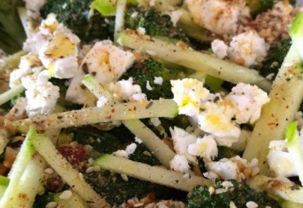 Broccoli and apple salad with toasted almonds and goats cheese