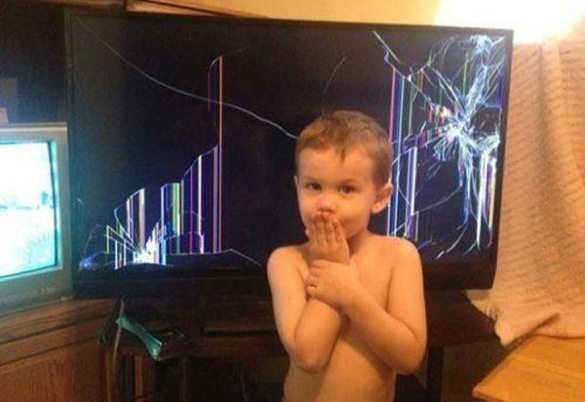 When good kids do bad things_kid with broken television screen_585x402