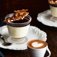 Panna cotta with coffee syrup and almond toffee shards