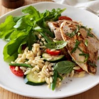 Basil chicken with tomatoes and zucchini risoni