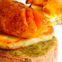 Leftovers inspiration - open pesto, haloumi and roast pumpkin sandwich