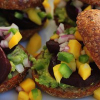Grilled beet sliders with guacamole and mango salsa