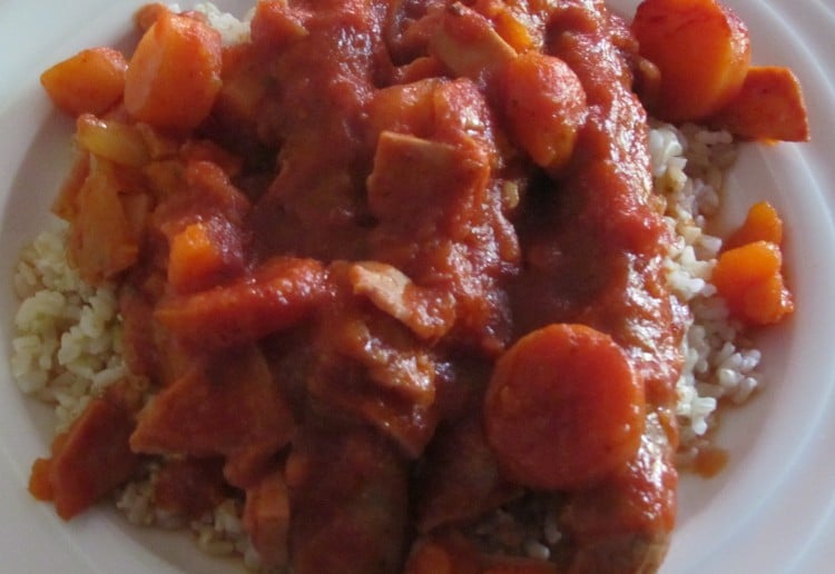 Slow cooker – rustic sausages, bacon, sweet potatoes and carrots