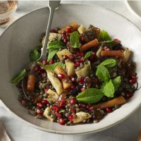 Roasted vegetable and lentil salad with caramelised onion relish
