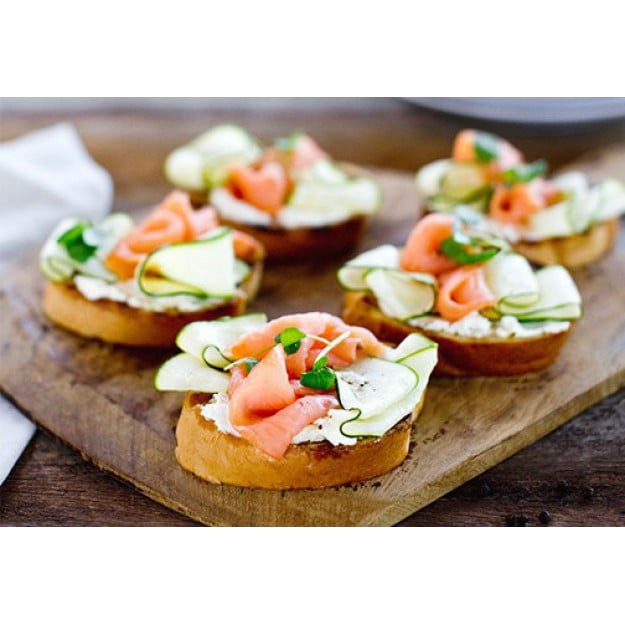 BBQ’d Entertainer Slices with goats curd, smoked salmon and zucchini!