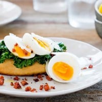 Soft boiled eggs, wilted greens and chorizo sprinkle on Stone Baked Ciabatta