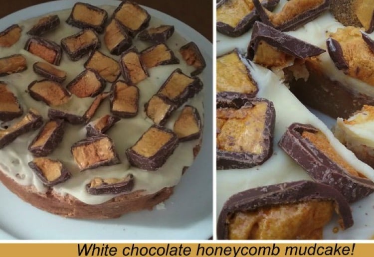 White chocolate honeycomb mud cake
