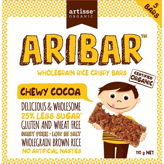 Artisse Organic Aribar Wholegrain Rice Crispy Bars Chewy Cocoa