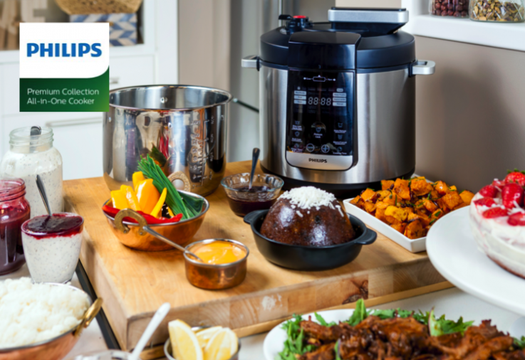 Food on counter with Philips Premium Collection All-In-One Cooker
