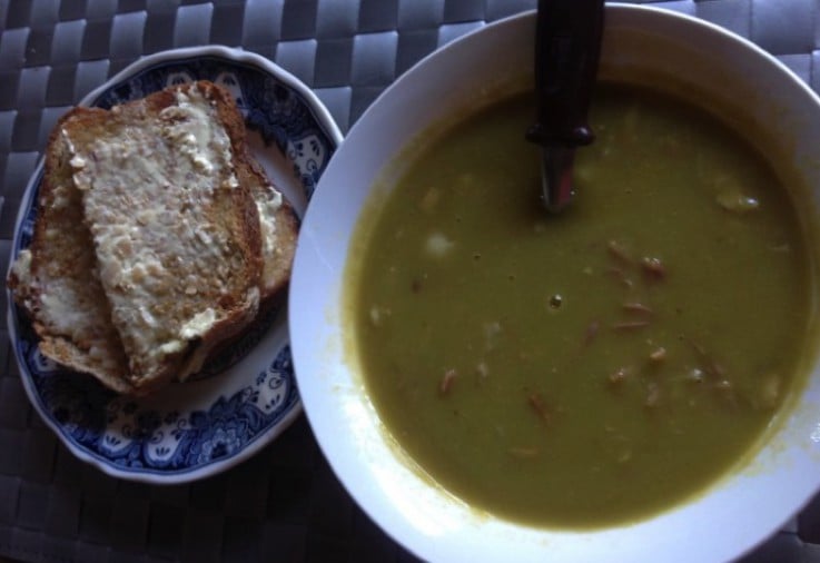 pea and ham soup slow cooked and served with bread