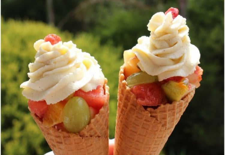Fruit salad with Vanilla bean cream in a cone
