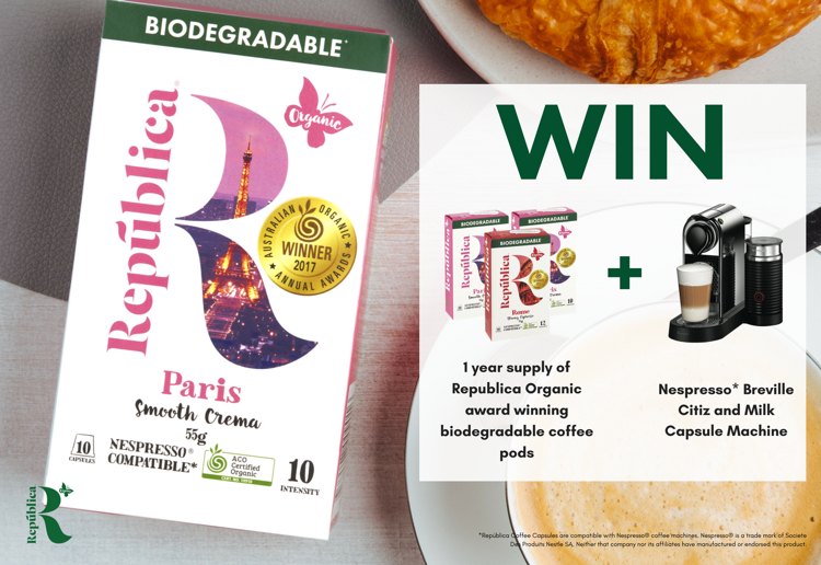 Win a Nespresso Machine and A Year’s Supply of Republica Organic Biodegradable Coffee Pods