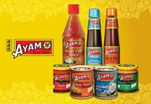 ayam logo with a selection of ayam asian products like oyster sauce, hoi sin sauce, coconut milk, curry paste