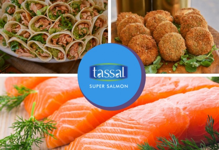 Beautiful fresh glossy salmon fillets, salmon tacos and salmon and sweet potato patties with Tassal Salmon logo