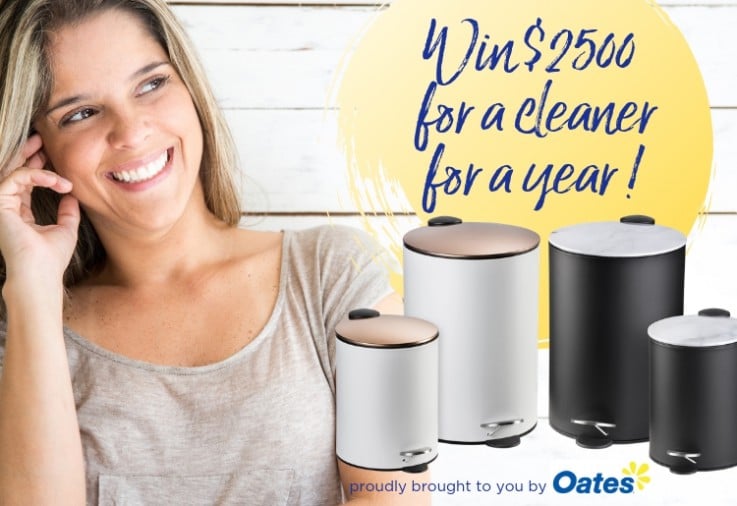 Happy smiling woman with oates kitchen and bathroom bins and win $2500 for a cleaner for a year with oates