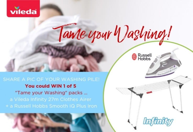 woman with huge pile of washing with vileda infinity clothes airer and russell hobbs iron to win