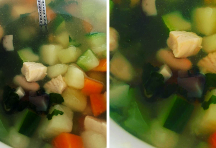 Chicken and veggie soup with zucchini carrots, lots of greens