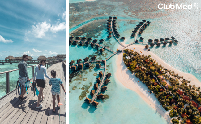 family heading out to snorkel the reef with an aerial image of the overwater bungalows at club med kani on a crystal clear day