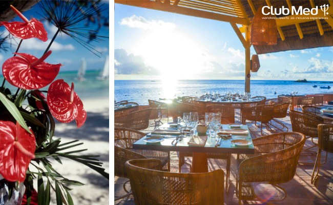 outdoor dining at club med mauritius as well as bright red flowers beside the beach