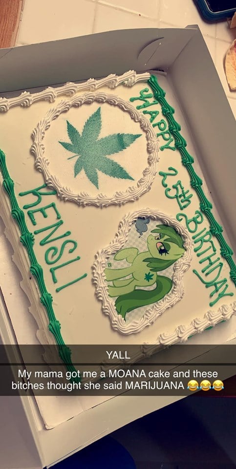 The snapchat screenshot showing the marijuana-decorated birthday cake and the owner's caption' YALL - My mama got me a MOANA cake and these bitches thought she said MARIJUANA'