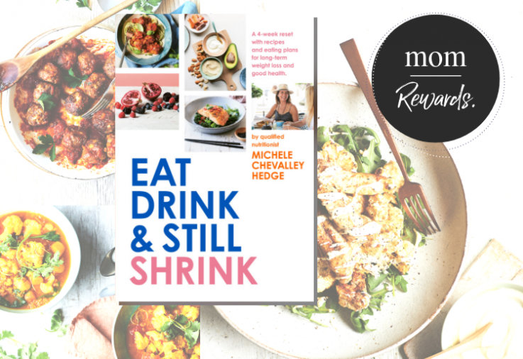 The cover of eat drink and still shrink over the top of a plate of healthy delicious food on a white plate