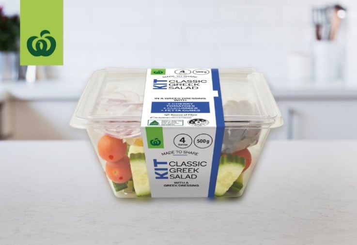 image of woolworths classic greek salad kit on bench