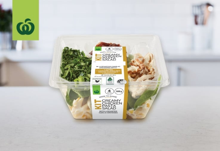 image of woolworths creamy chicken pasta salad kit on bench