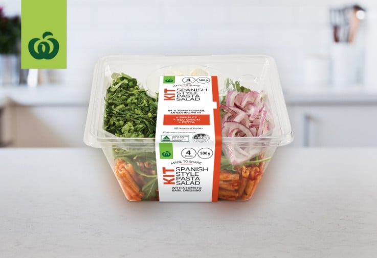 Image of woolworths spanish style pasta salad kit on bench