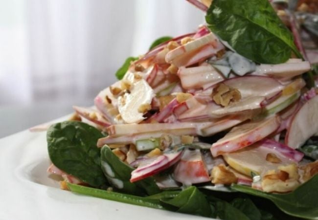 Salad recipes - waldorf salad made with piles of apples, spinach, celery and a light dressing