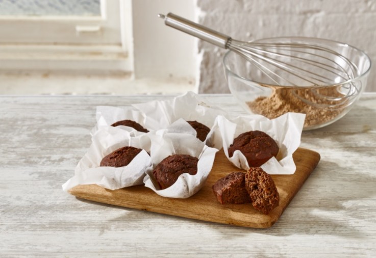protein muffins made with chocolate and cooked in individual muffin papers