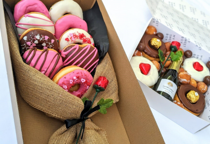 A donut bouquet with a box of sweet treats from My Sweet Box
