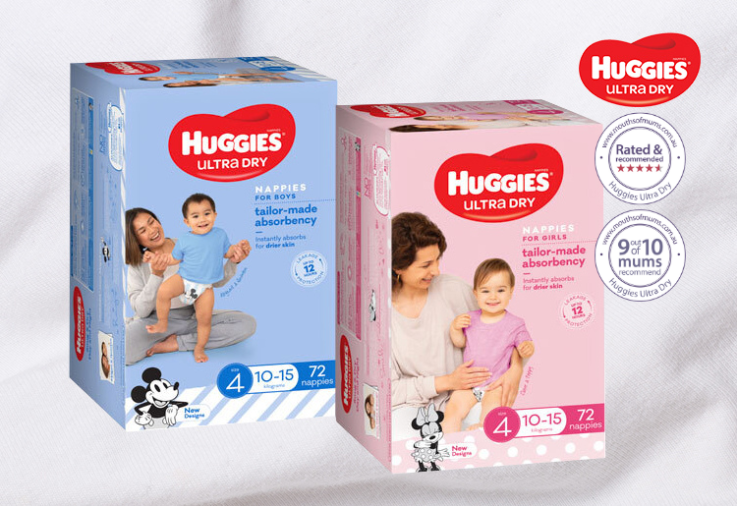 image of Huggies Ultra Dry Nappies for the Huggies Ultra Dry Review with Star Rating and 9 out of 10 mums recommends logo.