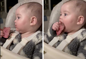 Baby eats rare steak