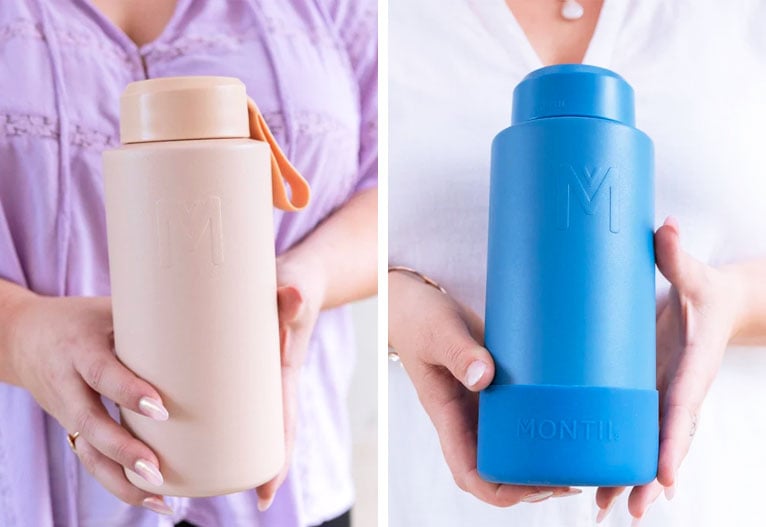 MotiiCo 1L water bottles in beige and blue styles.
