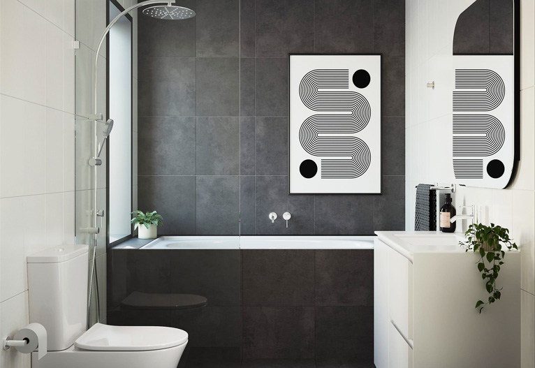 Modern bathroom with charcoal wall tiles