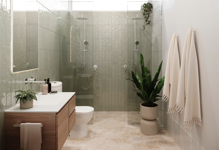 Scandinavian Bathroom with green tiles